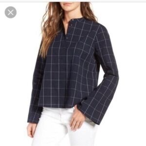 Madewell NAVY Crop Windowpane Mod Blouse with Bell Sleeves